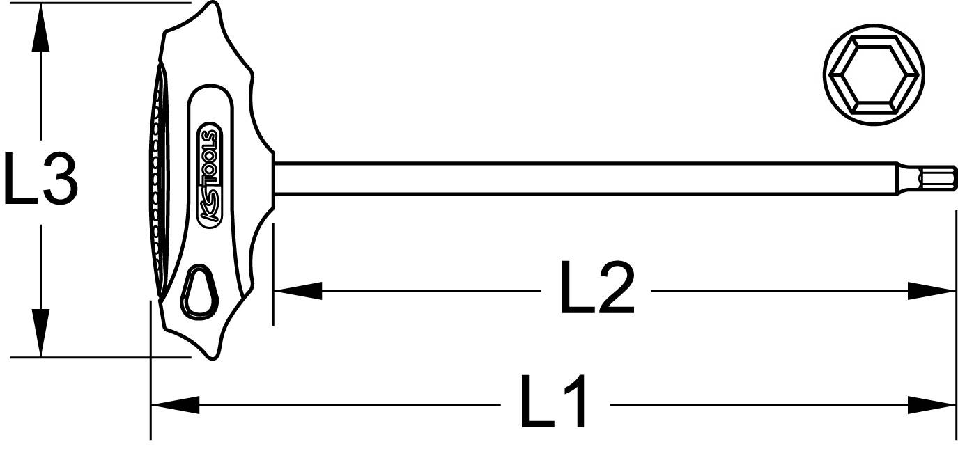 Werkzeugzeichnung eines T-Griff-Schlüssels mit Längenangaben L1, L2 und L3. Oben rechts ist die Kopfansicht des Schlüssels dargestellt.