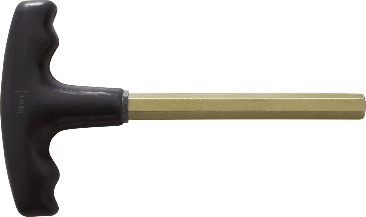 Ein T-Griff-Sechskantschlüssel, meist aus Metall, mit schwarzem rutschfestem Griff, zum Lösen oder Festziehen von Schrauben.