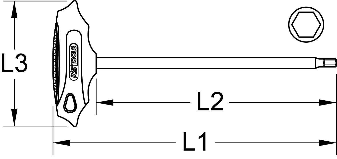 Torx-Schraubendreher-Diagramm mit T-Griff und Hersteller-Logo zeigt Länge des Griffs (L3), Schaft (L2) und Gesamtlänge (L1).