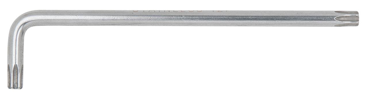 Ein silberner Torx-Schlüssel mit L-förmiger Biegung liegt flach, zeigt die Zackenstruktur, die für Schrauben mit Torx-Kopf verwendet wird.