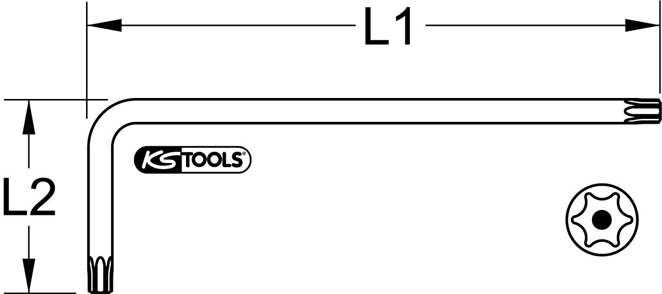 Abbildung eines L-förmigen Innensechskantschlüssels der Marke KS-Tools. Länge L1 und L2 sind markiert.
