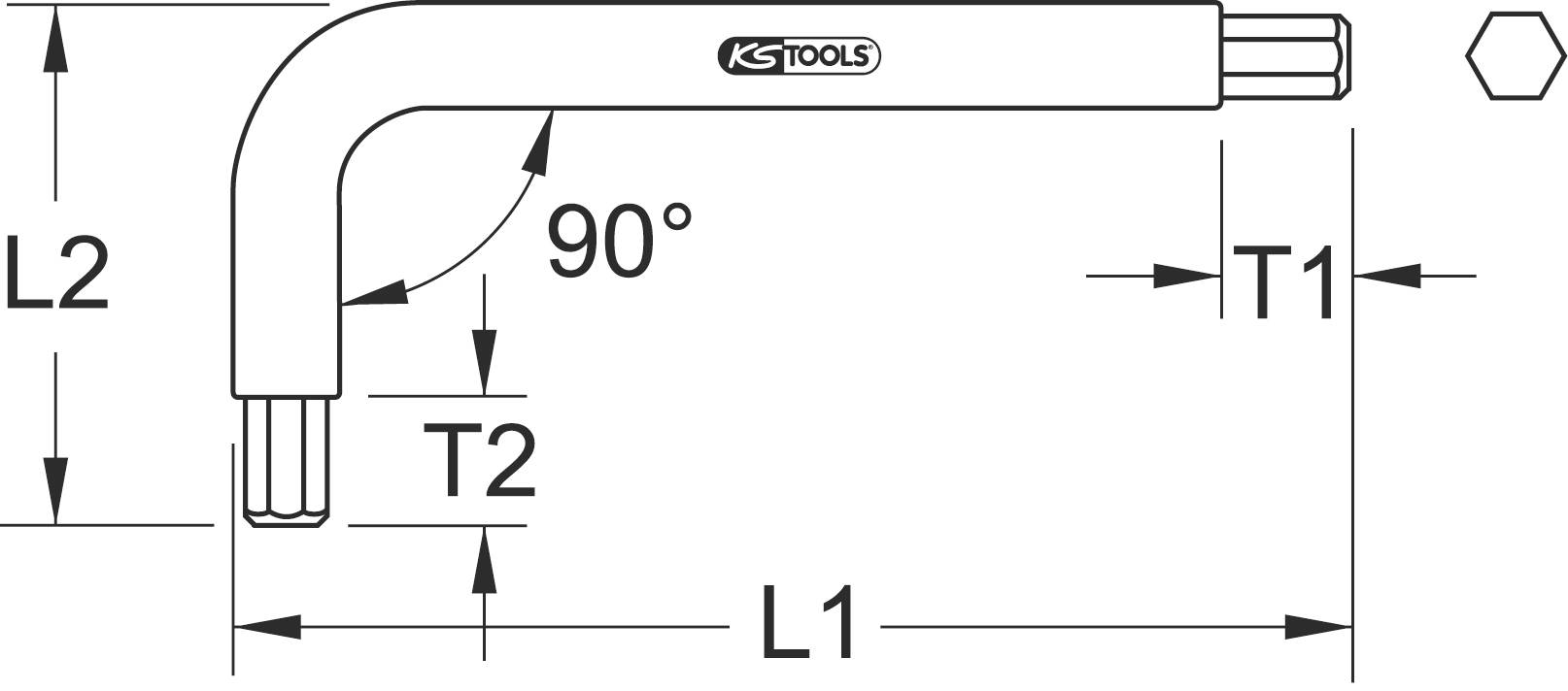 Technische Zeichnung eines Winkelschlüssels mit Maßen: L2, L1, T1, T2 und einem 90°-Winkel. Markierung zeigt Position und Maßangaben.