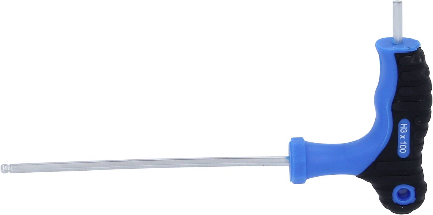Ein blauer und schwarzer Inbusschlüssel mit T-Griff, gekennzeichnet mit 'H3 x 100', zeigt zwei Schäfte unterschiedlicher Länge.