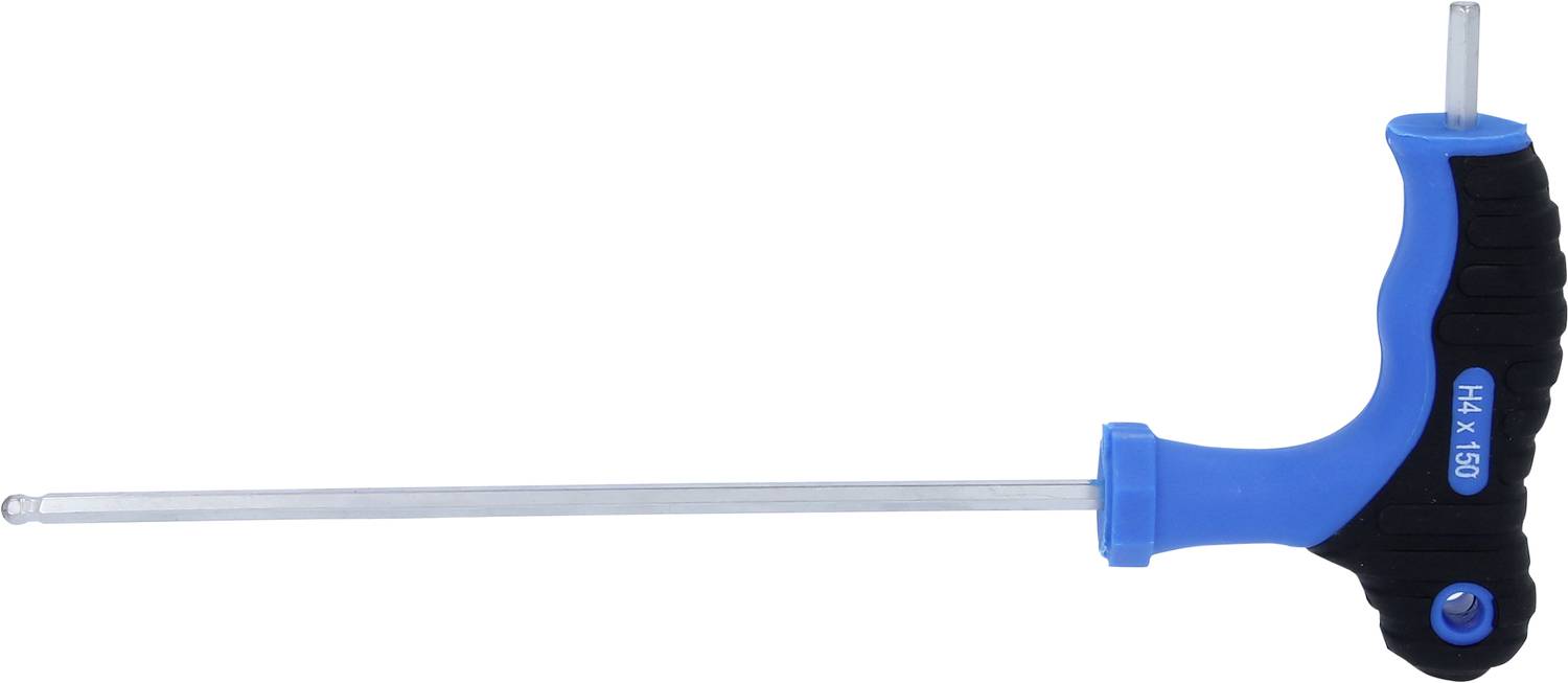 Ein blauer T-Griff-Innensechskantschlüssel mit einer langen, silbernen Sechskantstange.