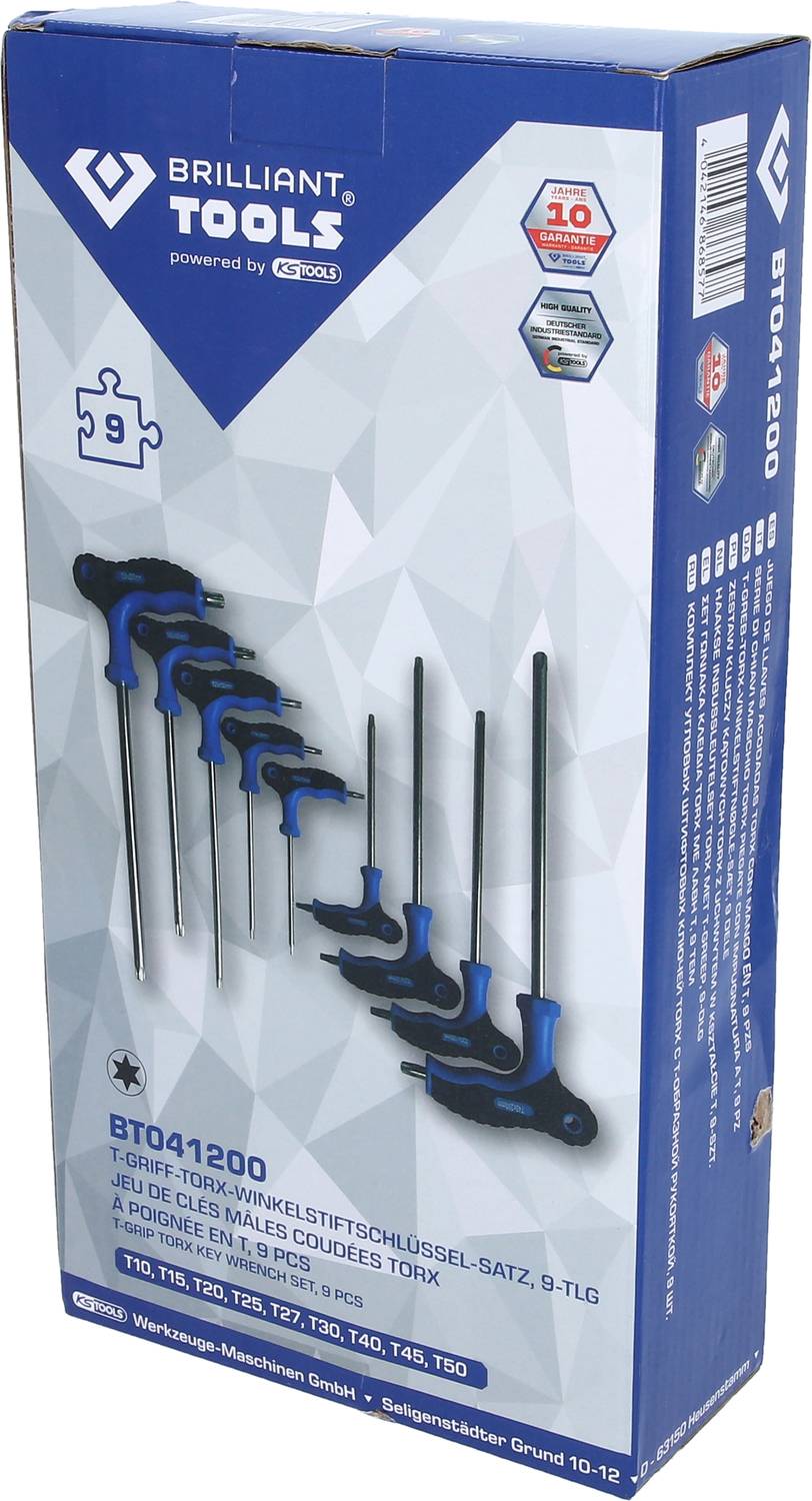 'Brilliant Tools' T-Griff Torx-Winkelschlüsselsatz, 9-teilig, Größen: T10-T50. Enthält robusten Kunststoffhalter.