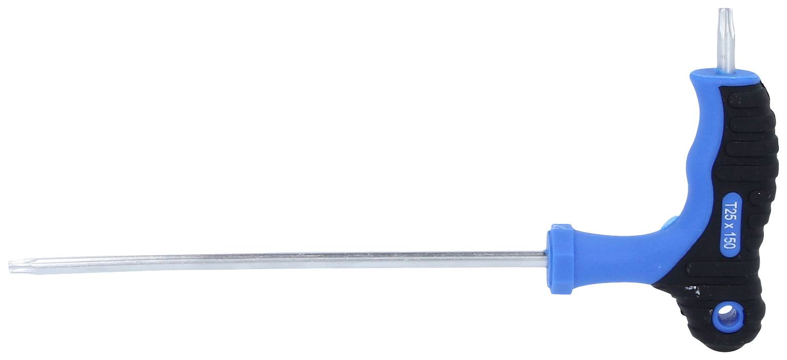 T-förmiger Schraubendreher mit blauem Griff, gekennzeichnet als 'T25 x 150', geeignet für Torx-Schrauben.