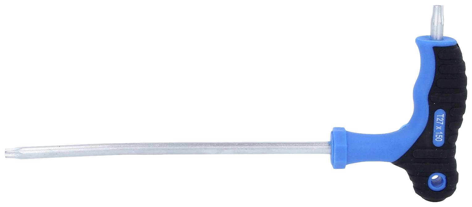 Ein blauer T-Griff-Schraubendreher mit schwarzem Griff liegt horizontal. Der Schaft ist lang und silbern, das Ende ist sechskantförmig.