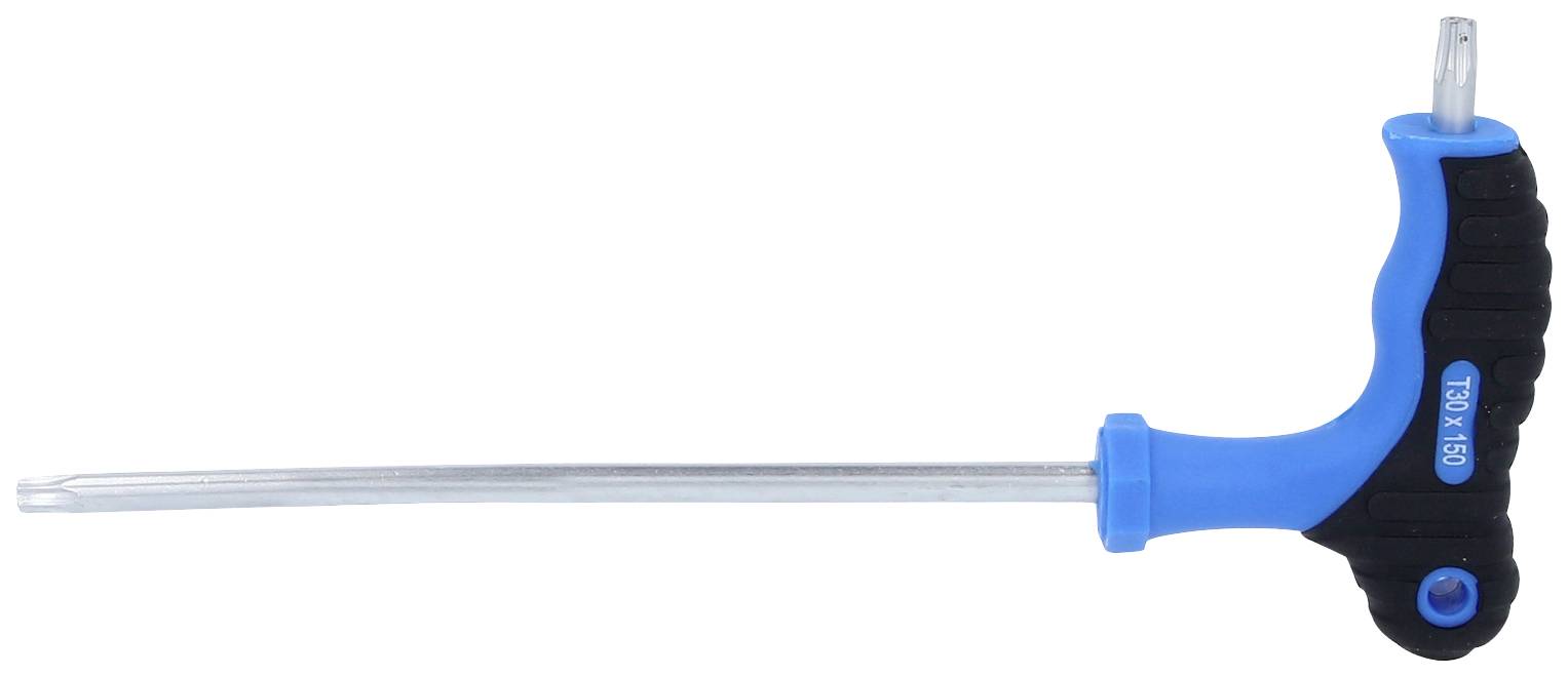 Ein blauer T-Griff-Schlüssel mit schwarzem Griff und einem langen, metallischen Schaft. Werkzeug zur Anwendung von Drehmoment.