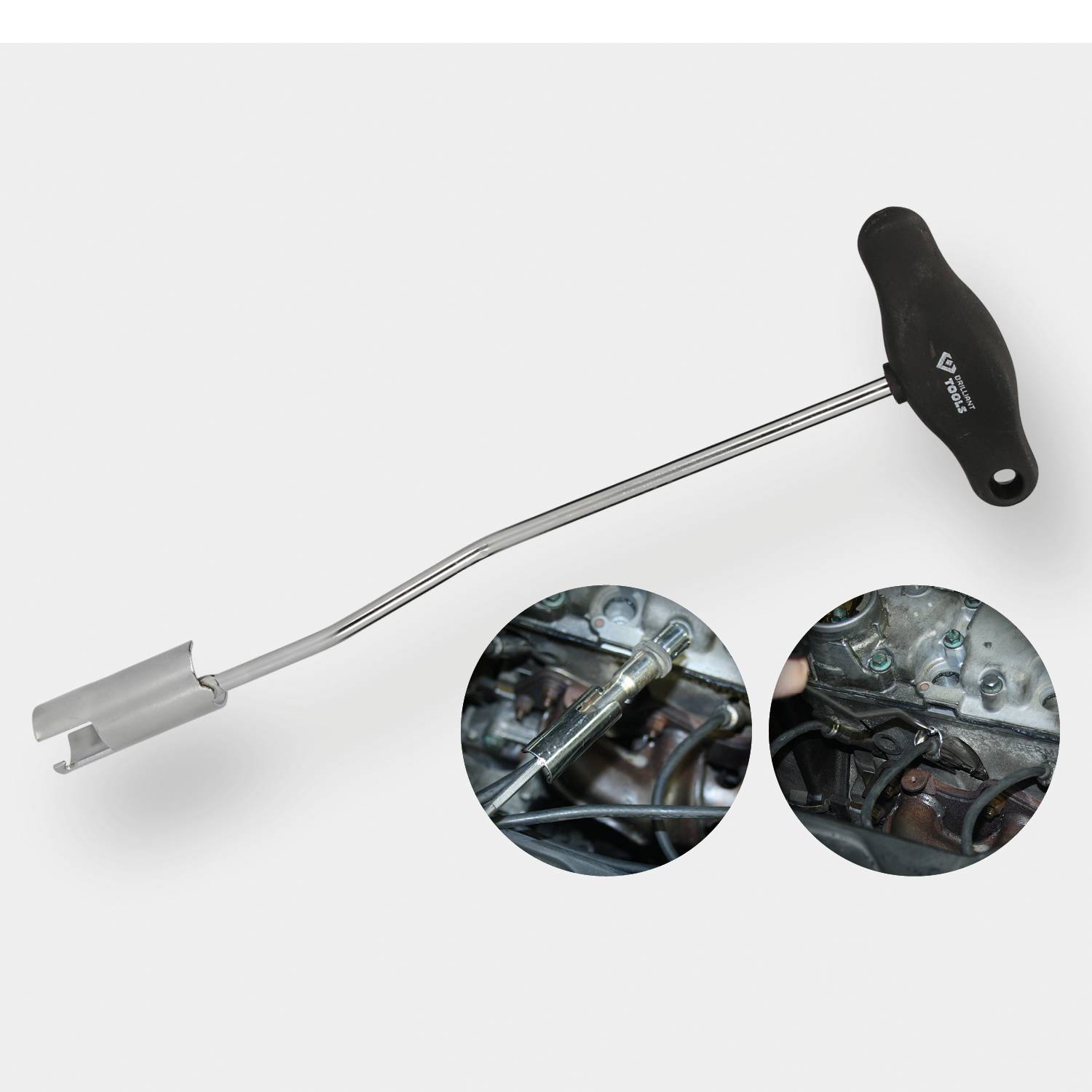 Wartungswerkzeug mit T-Griff und Zündkerzenaufnahme. Zwei vergrößerte Ansichten zeigen das Werkzeug bei der Anwendung im Motorraum.