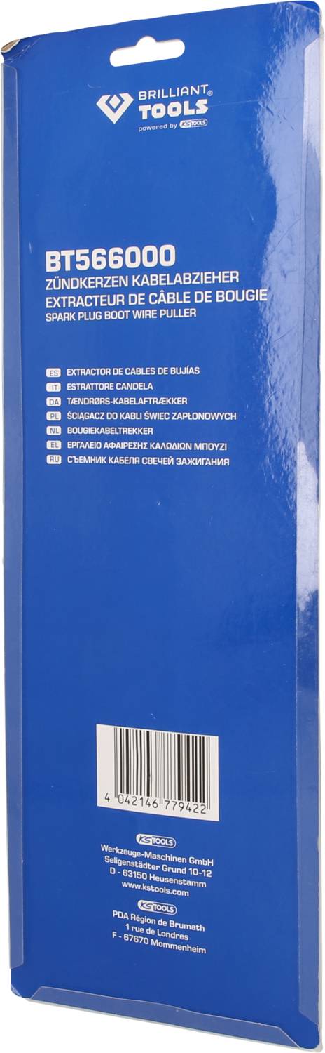 Blaues Verpackungsetikett von 'Brilliant Tools' mit der Produktnummer BT566000, das einen Zündkerzen-Kabelabzieher beschreibt.