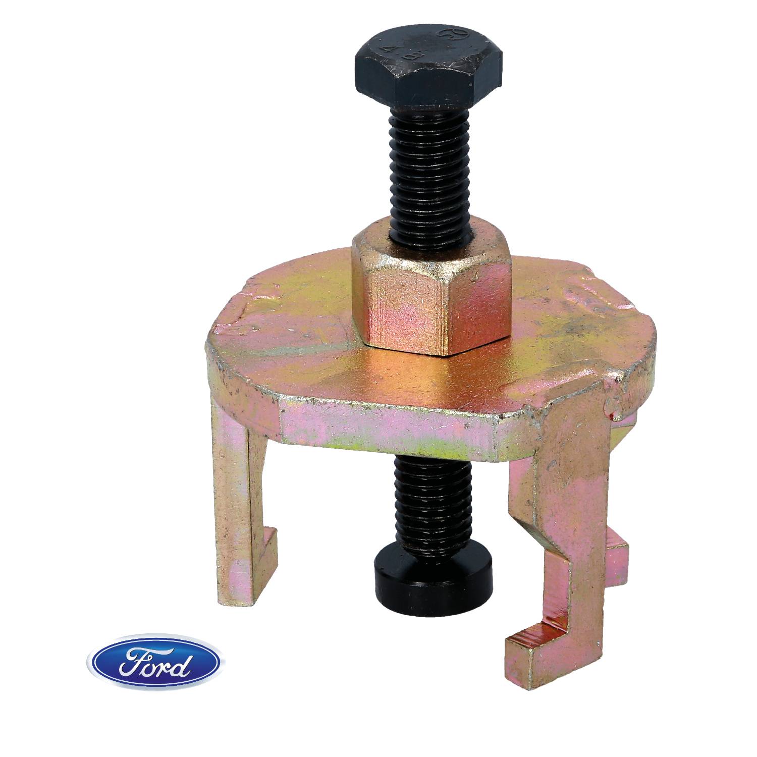 Ein Metallwerkzeug mit drei Beinen und einer zentralen Schraube, vermutlich ein Abzieher, neben einem Ford-Logo.