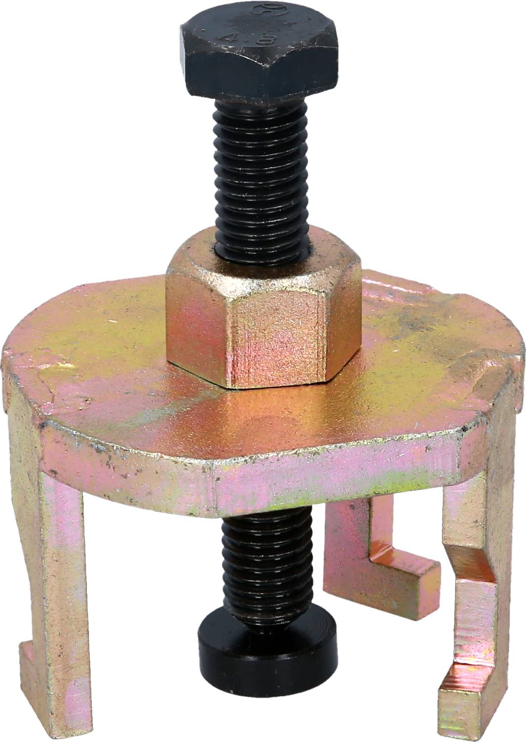 Metallischer Abzieher mit drei Haken und einer zentralen Schraube, verwendet zum Abnehmen von Lagern oder ähnlichen Teilen.