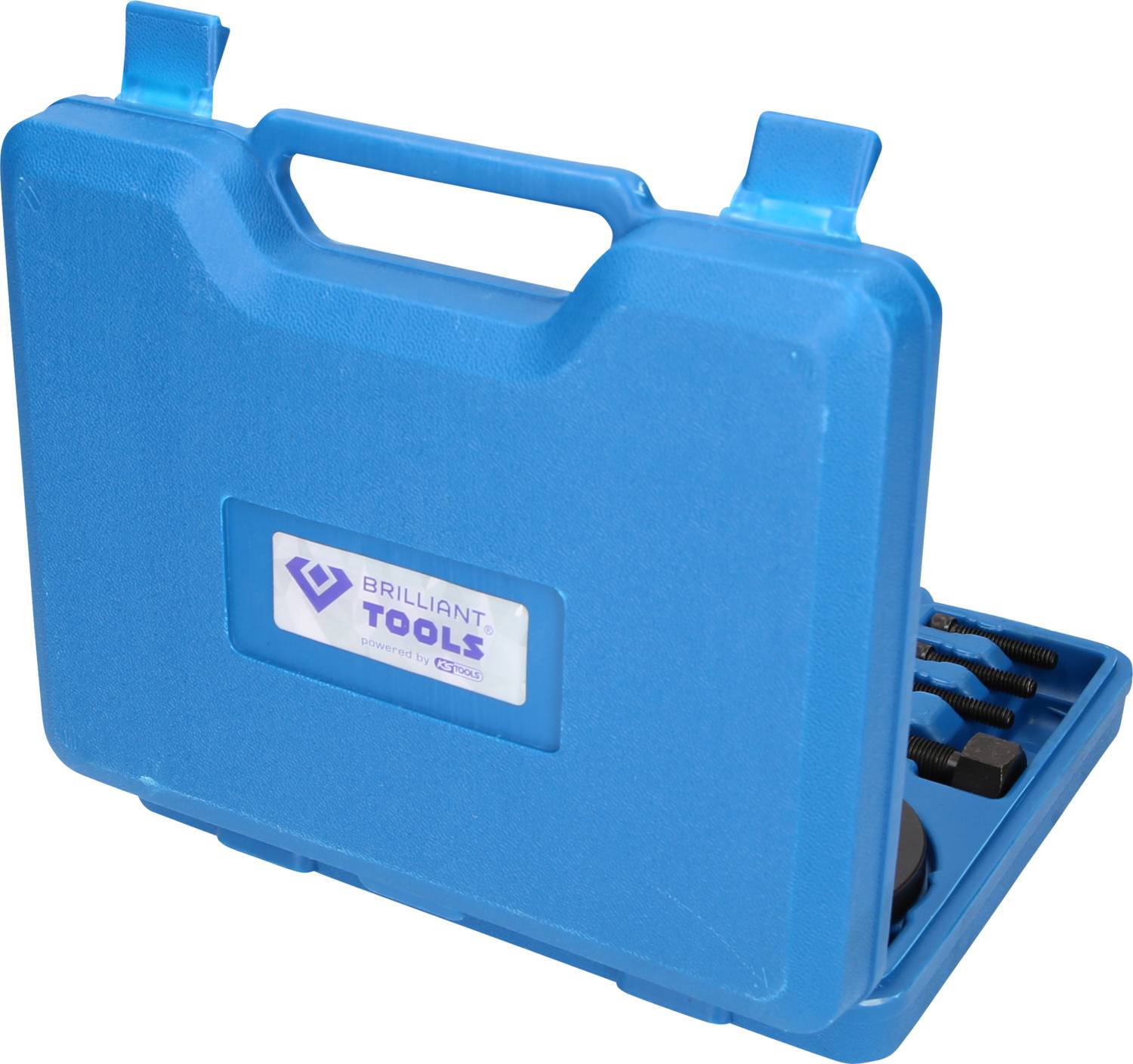 Blauer Werkzeugkoffer mit Tragegriff. Sichtbares Logo 'BRILLIANT TOOLS'. Innen Schrauben und andere Werkzeuge sichtbar.