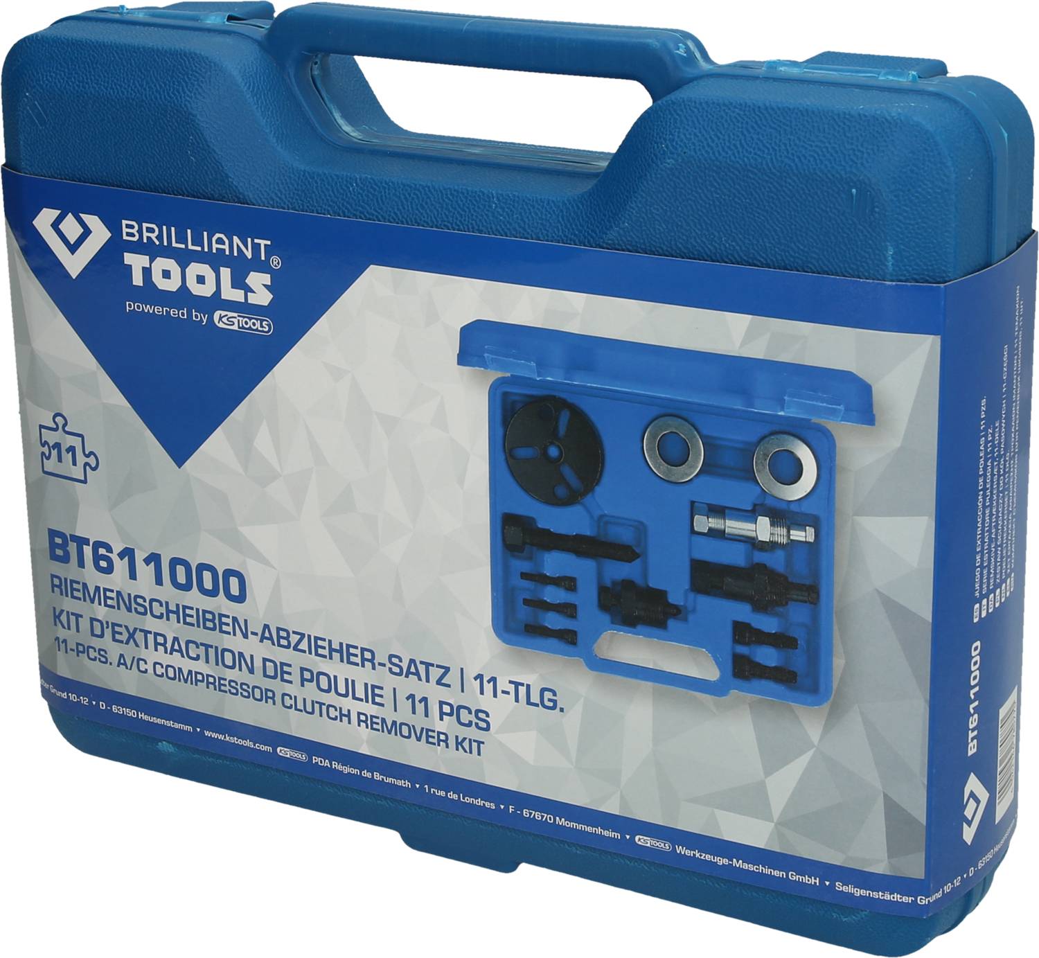 Blauer Werkzeugkoffer mit 11-tlg. Riemenscheiben-Abzieher-Set darin. Enthält verschiedene Metallwerkzeuge geformt für spezifische Teile.