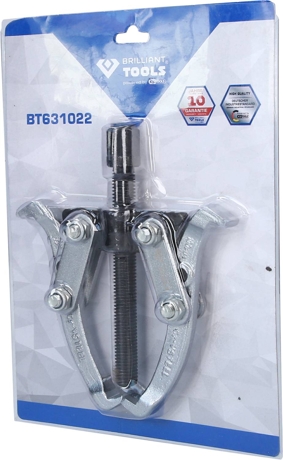'Brilliant Tools BT631022' Verpackung mit einem Abzieher-Werkzeug, das für mechanische Arbeiten verwendet wird.