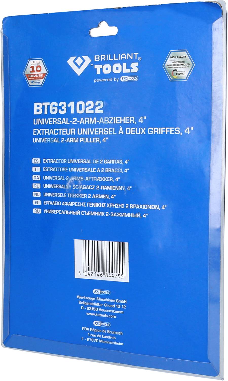 Verpackung eines Universal-2-Arm-Abziehers der Marke Brilliant Tools, Modell BT631022. Enthält mehrsprachige Produktbeschreibungen.