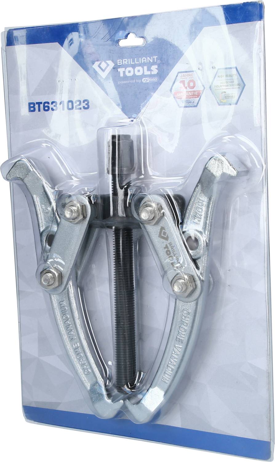 Zweiarmiger Abzieher in Verpackung von 'Brilliant Tools', Modellnummer BT631023, mit Drei-Jahres-Garantie.