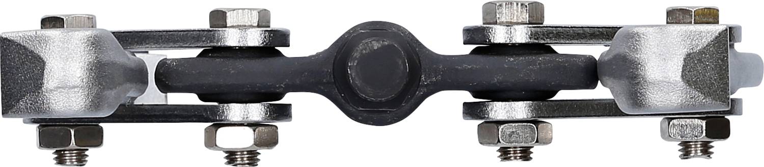 Ein vertikal ausgerichtetes Metallverbindungselement mit Muttern und Schrauben, wahrscheinlich für technische oder industrielle Anwendungen.