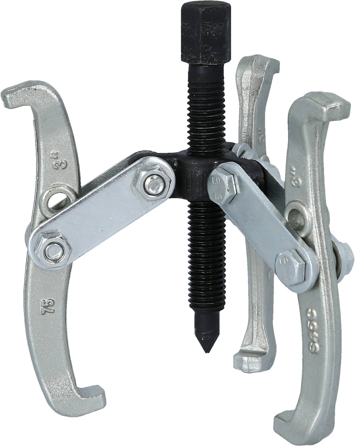 Ein mechanischer Dreiarm-Abzieher mit Schraubspindel und biegsamen Greifarmen, geeignet zum Entfernen von Zahnrädern oder Lagern.