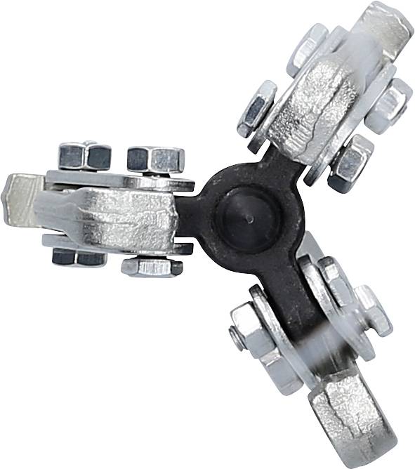 Metallisches, dreibeiniges Werkzeug oder Gerät mit Rädchen und Schrauben in symmetrischer Anordnung, vor weißem Hintergrund.