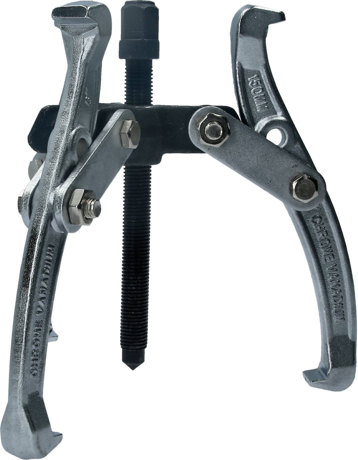 Silberner Abzieher mit drei Armen zum Entfernen von Lagern oder Zahnrädern. Dreht eine zentrale Schraube, um Gegenstände zu lösen.