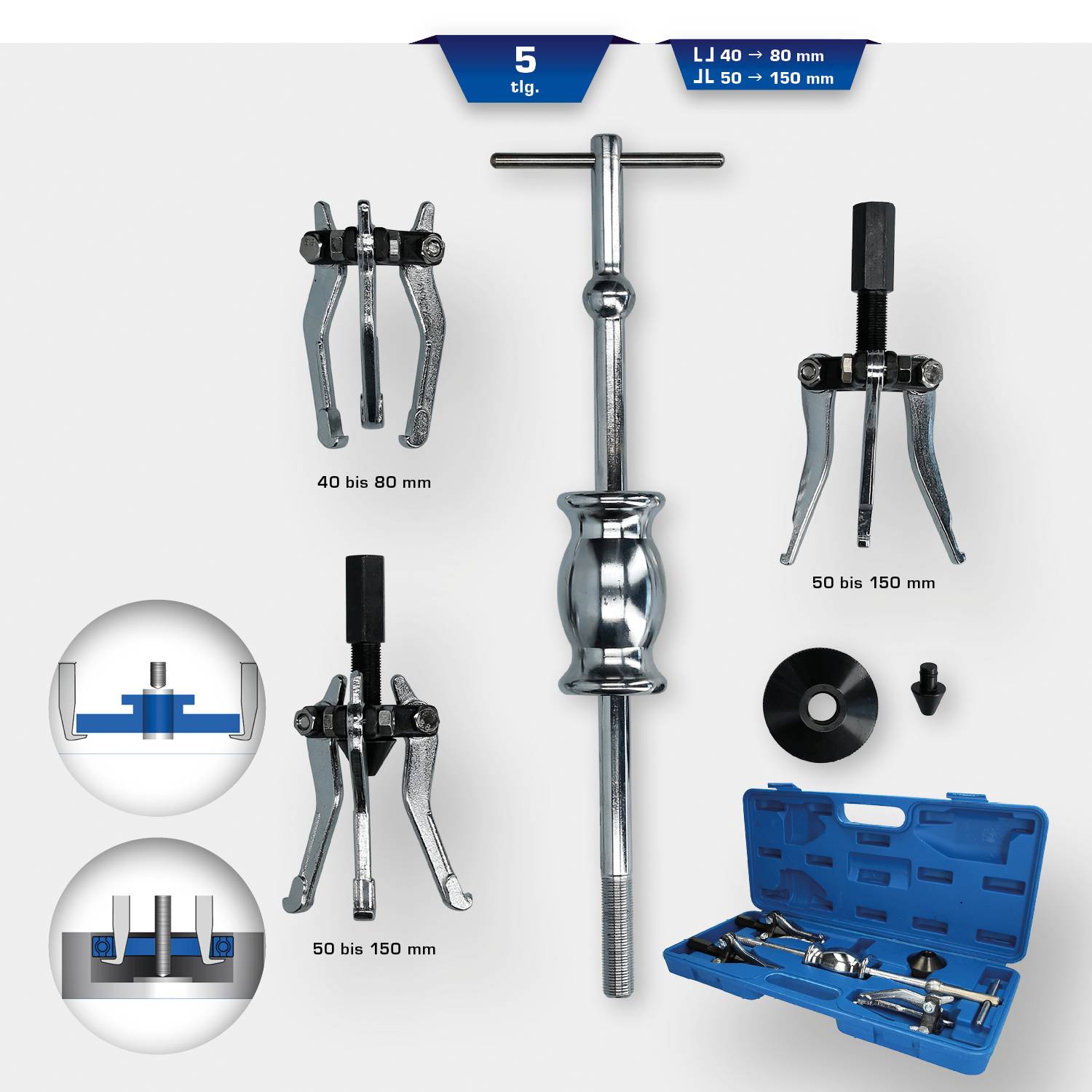 'Einteiliger Abzieher-Satz, 5-teilig: unterschiedliche Größen von Abziehern und Zubehör im Koffer; Bereiche 40-80 mm und 50-150 mm.':