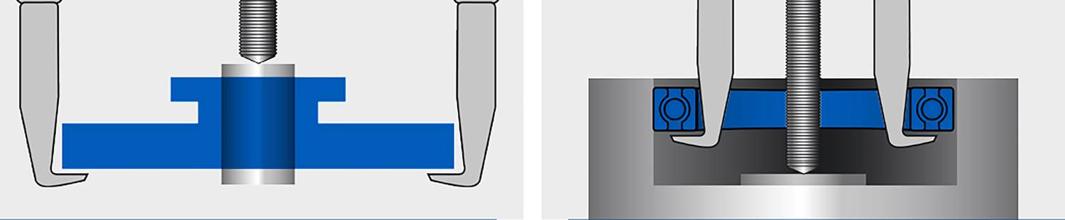Zwei Diagramme zeigen Schemata eines Gehäuses mit Schraubzwinge. Links geschlossen, rechts geöffnet. Schrauben und Gehäuseteile erkennbar.