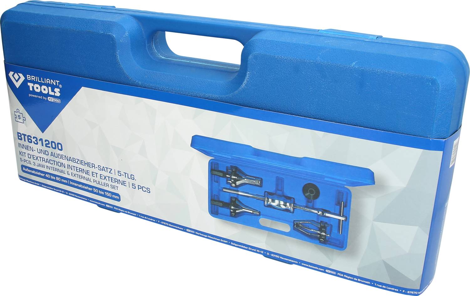 Blauer Werkzeugkoffer mit Innen- und Außenabzieher-Satz, 5-teilig, von Brilliant Tools, Modellnummer BT631200.