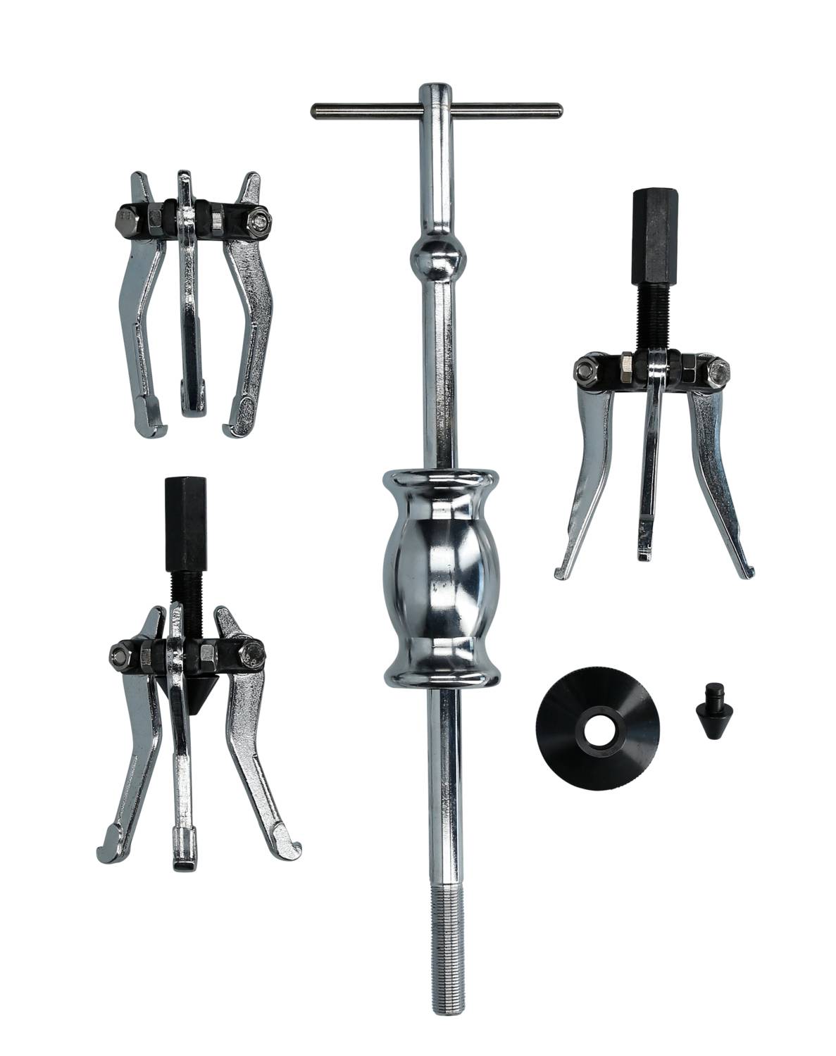 Abziehersatz mit Gleithammer, bestehend aus mehreren Teilen: Zwei Abzieher, Gleithammer und Zubehör. Verwendet zum Entfernen von Lagern.