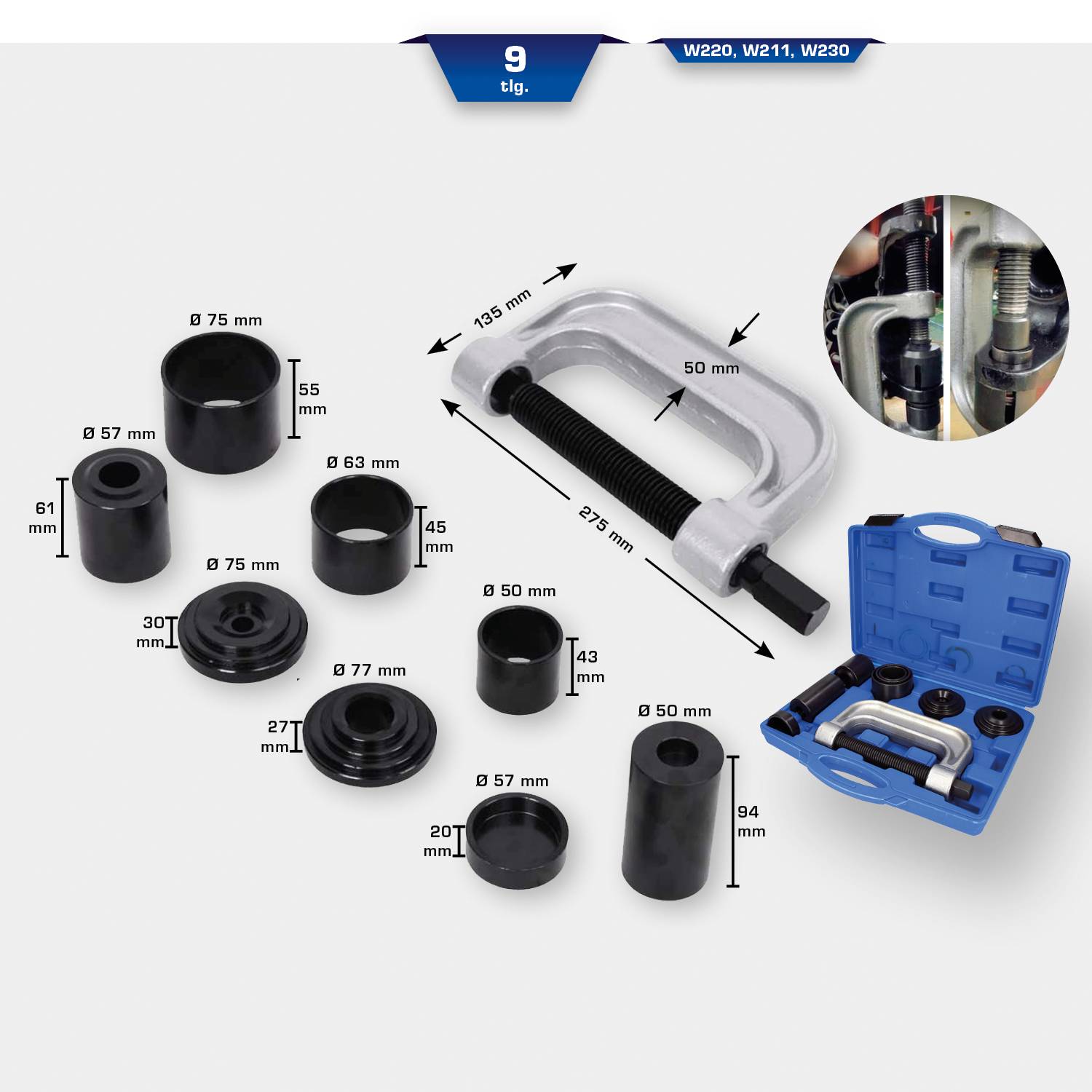 Auf dem Bild sind Werkzeuge zur Wartung von Kfz-Klimaanlagen zu sehen, darunter ein Abdrückwerkzeug und Adapter in einem blauen Koffer.