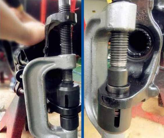 Zwei Bilder eines Schraubstocks, der ein Werkstück festhält. Links: Ansicht von Hand angepasst. Rechts: Nahaufnahme des Schraubmechanismus.