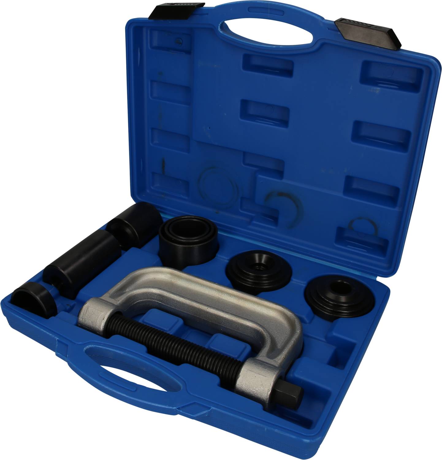 Ein blaues Kunststoffkoffer-Set mit einem silbernen C-Rahmen-Schraubenzieher und verschiedenen schwarzen Einsätzen. Perfekt für Automobilreparaturen.