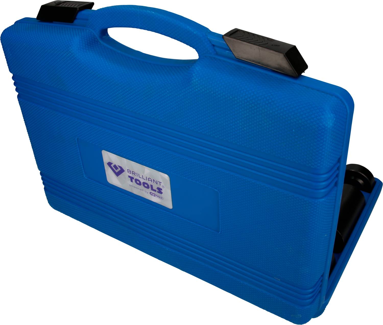 Blauer Werkzeugkoffer mit Griff, geschlossen. Auf der Vorderseite befindet sich ein Logo mit der Aufschrift 'Brilliant Tools'.