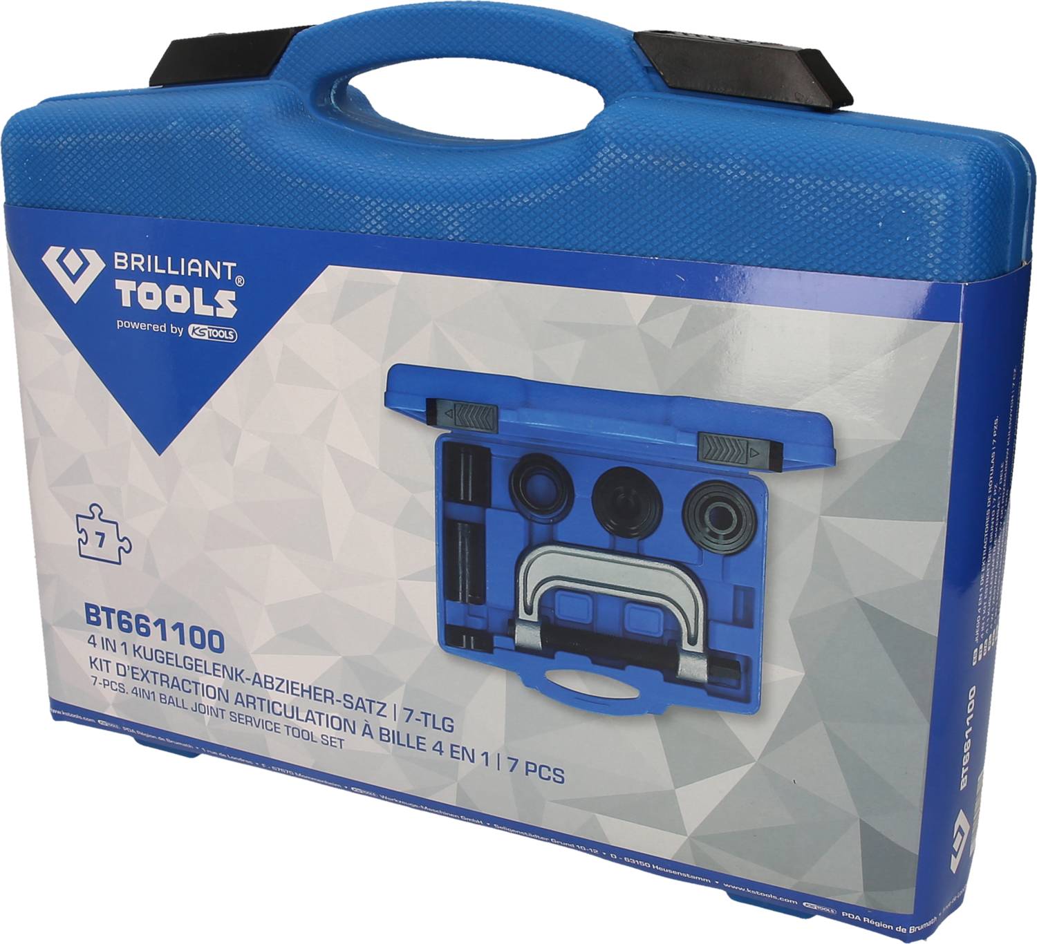 Blauer Werkzeugkoffer der Marke Brilliant Tools, Modell BT661100, beinhaltet einen 7-teiligen Kugelgelenk-Abzieher-Satz.