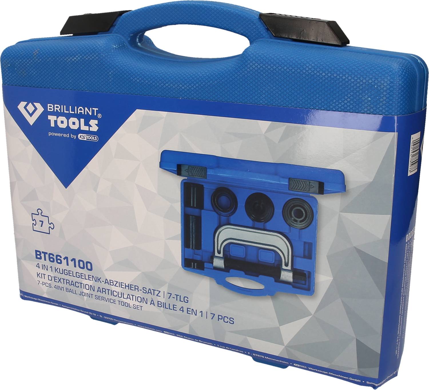 Ein blauer Werkzeugkoffer von Brilliant Tools mit dem Aufdruck '4 IN 1 KUGELGELENK-ABZIEHER-SATZ | 7-TLG'. Enthält Werkzeuge.