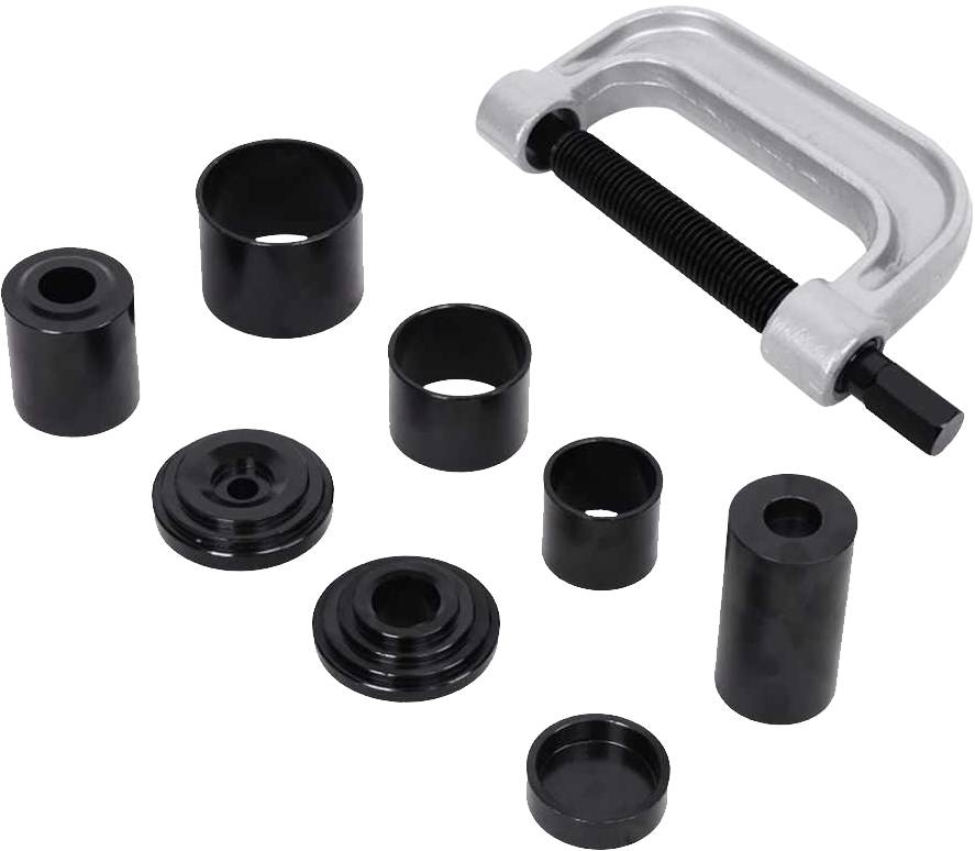 Ein Set von Autowerkzeugen zur Entfernung von Buchsen, bestehend aus einer Schraubklemme und verschiedenen Metallaufsätzen.