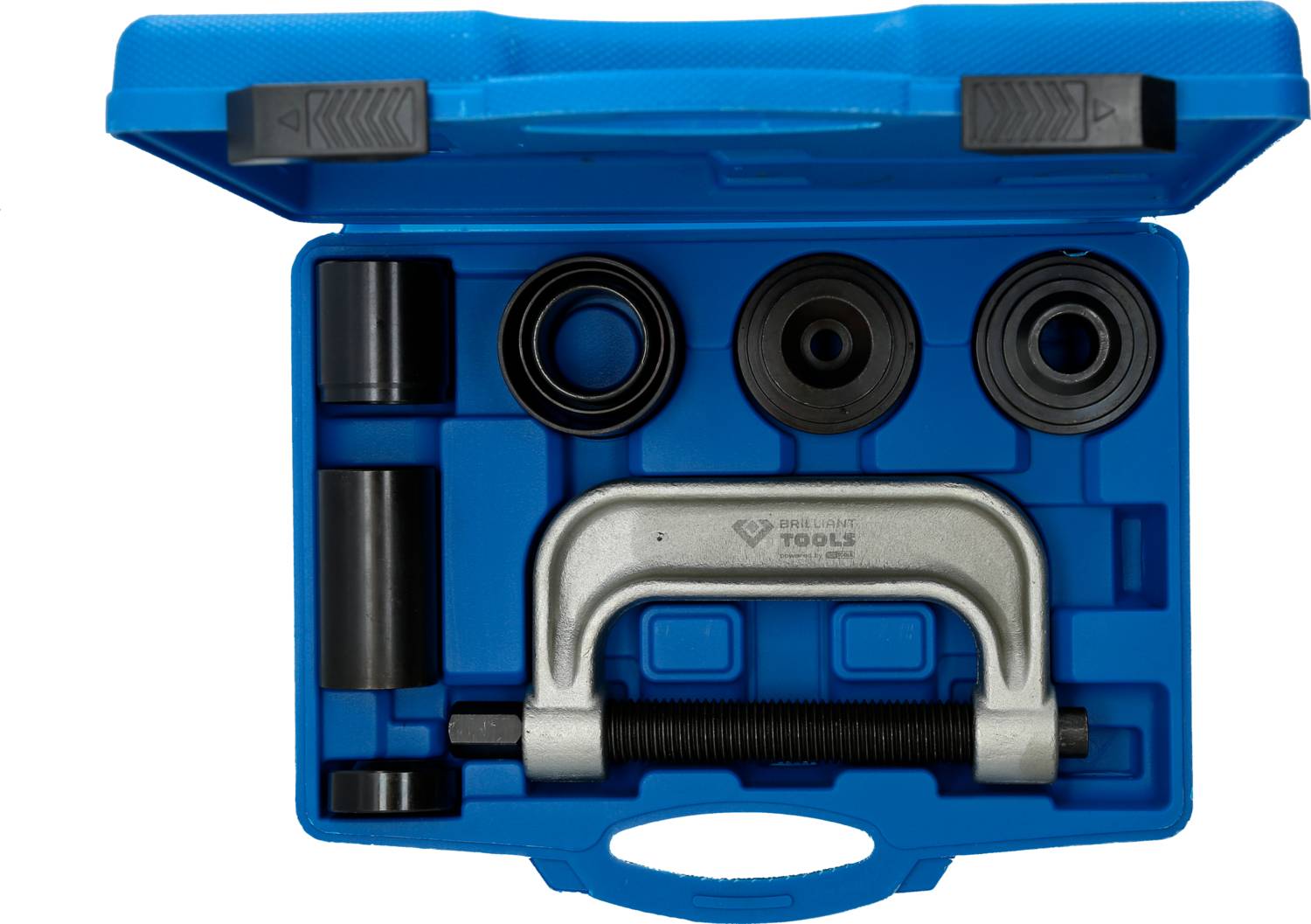 Ein blaues Werkzeugset mit C-förmiger Schraubzwinge und mehreren Aufsätzen, in einem passgenauen Kunststoffkoffer.