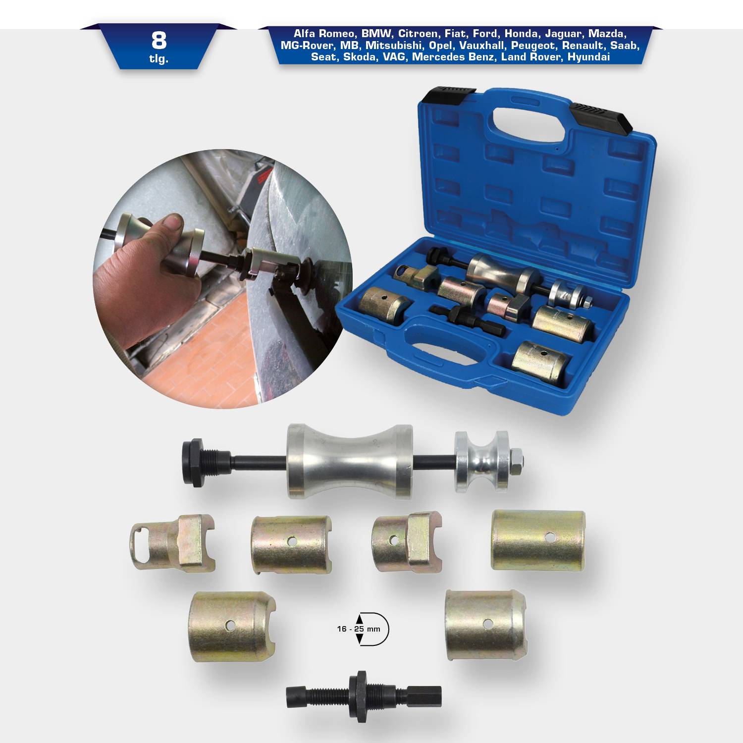 Ein Satz mechanischer Werkzeuge in einer blauen Kunststoffbox. Enthält verschiedene Aufsätze zum Entfernen von Radlagern.