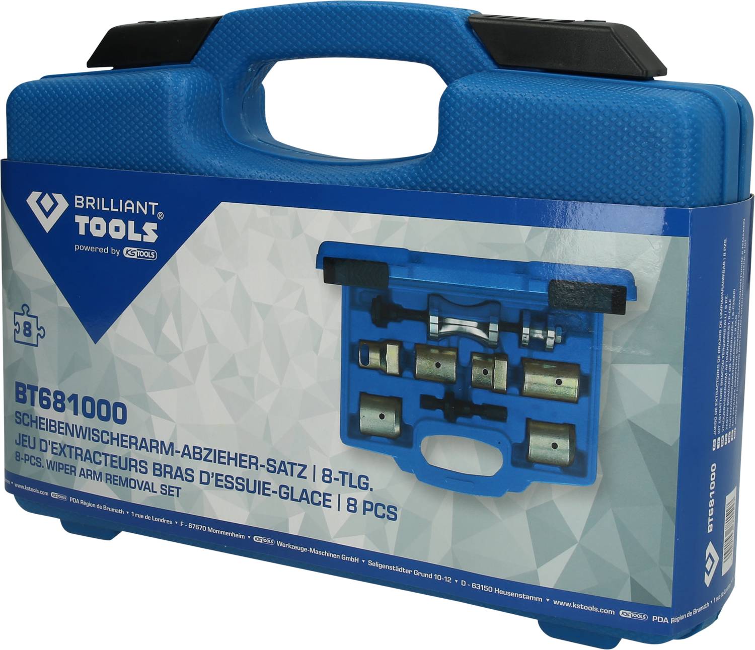 'Brilliant Tools' blauer Koffer mit einem 8-teiligen Scheibenwischerarm-Abzieher-Satz, Modellnummer BT681000.