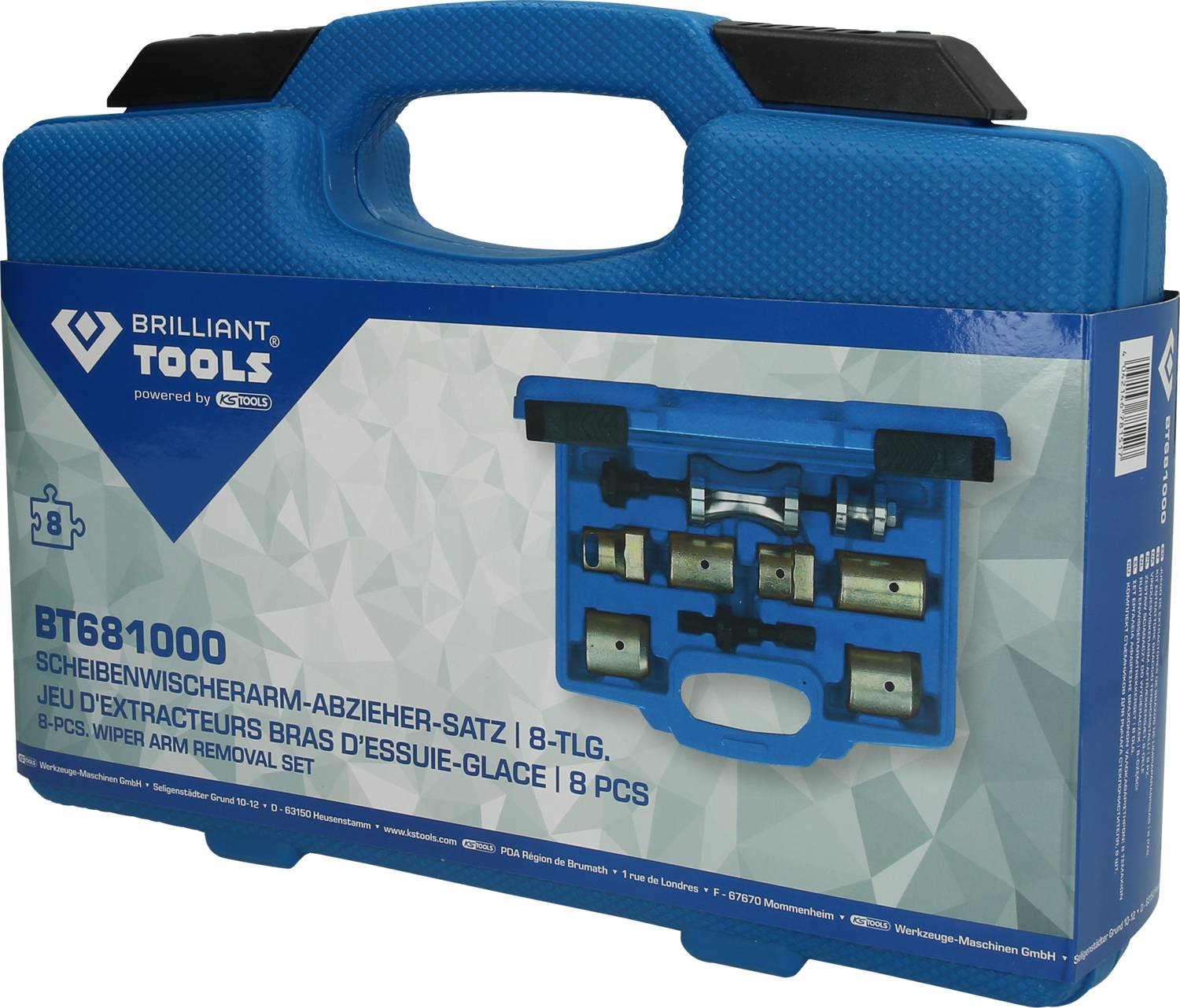 Ein blauer Koffer mit einem Scheibenwischerarm-Abzieher-Set von 8 Teilen. Enthält verschiedene Metallwerkzeuge in angepasster Form.