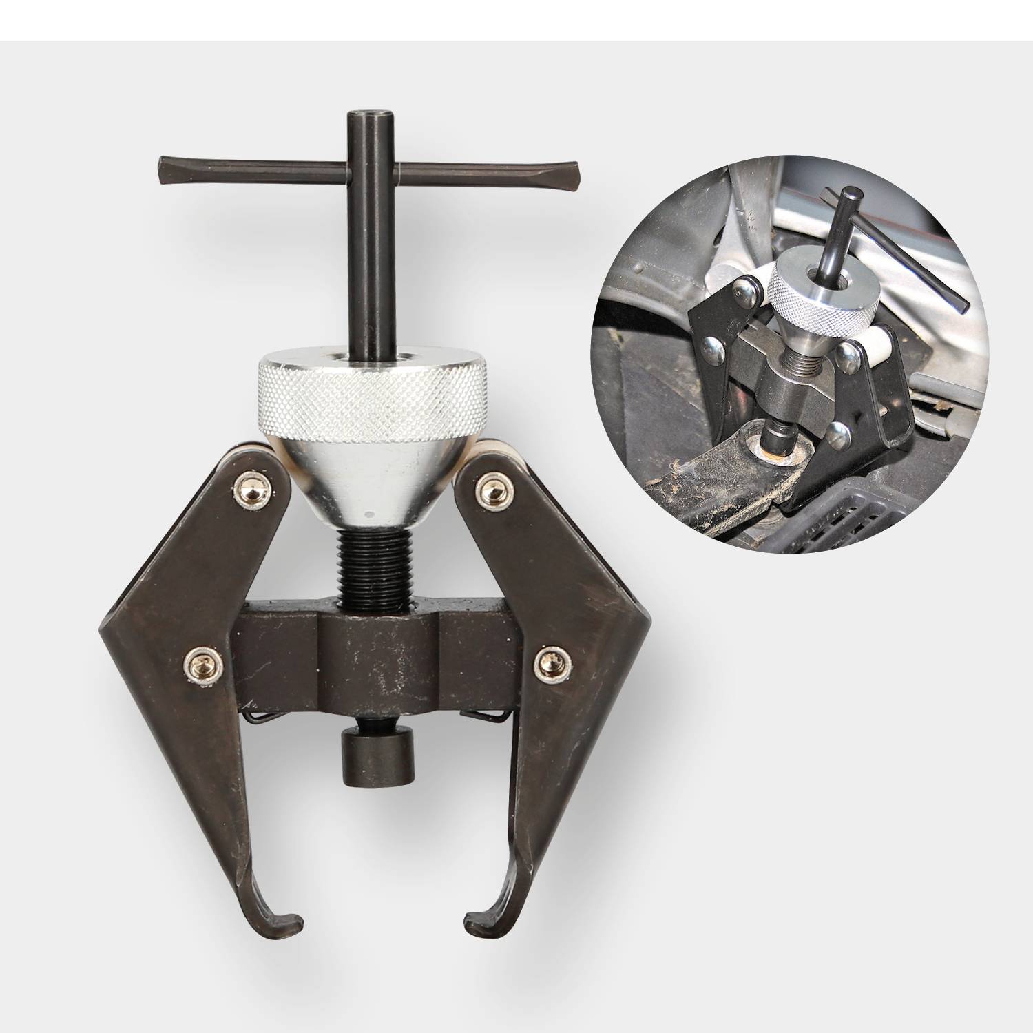 Ein Abzieherwerkzeug mit einem T-Griff und Schraubmechanismus wird gezeigt. In einem Detailbild ist das Werkzeug bei der Anwendung zu sehen.