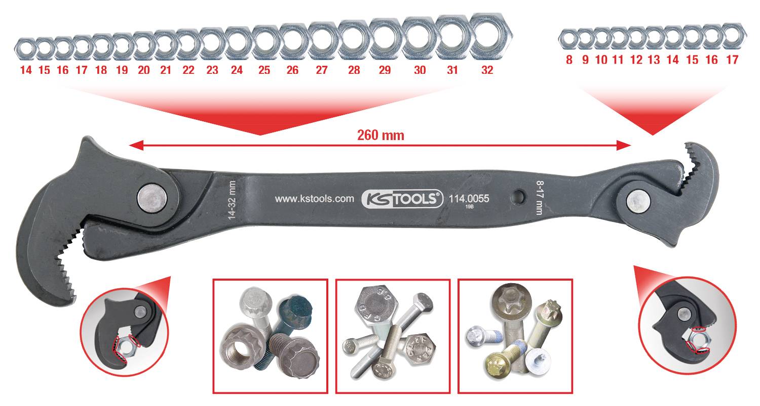 Kombizange mit verstellbarer Größe, passend für Muttern von 9 bis 32 mm. Enthält Beispiele von Muttern und Anwendungsszenarien.