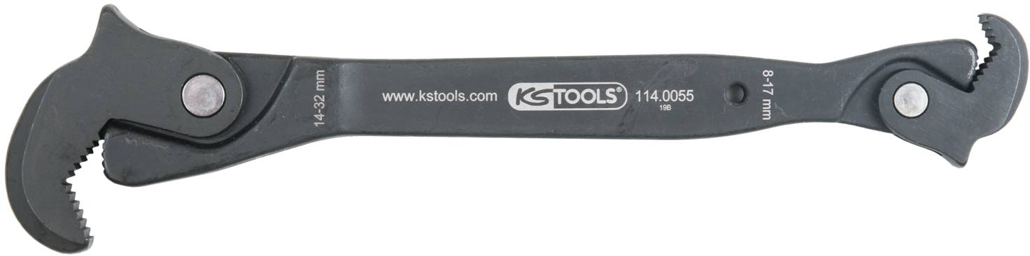 Schwarzer Rohrschlüssel mit zwei einstellbaren Greifzangen, geeignet für Rohrgrößen von 8-17 mm und 14-32 mm, Marke 'KS Tools'.
