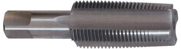 Ein zylindrisches Gewindeschneidwerkzeug mit scharfen Zähnen und einem spiralisierten Schaft, verwendet zum Gewindeschneiden in Metall.