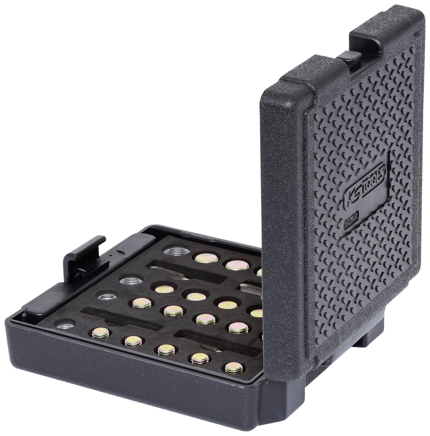 'ST Tools'-Set mit Schraub-Bits in einem offenen schwarzen Kunststoffgehäuse. Enthält mehrere unterschiedlich große Bits.