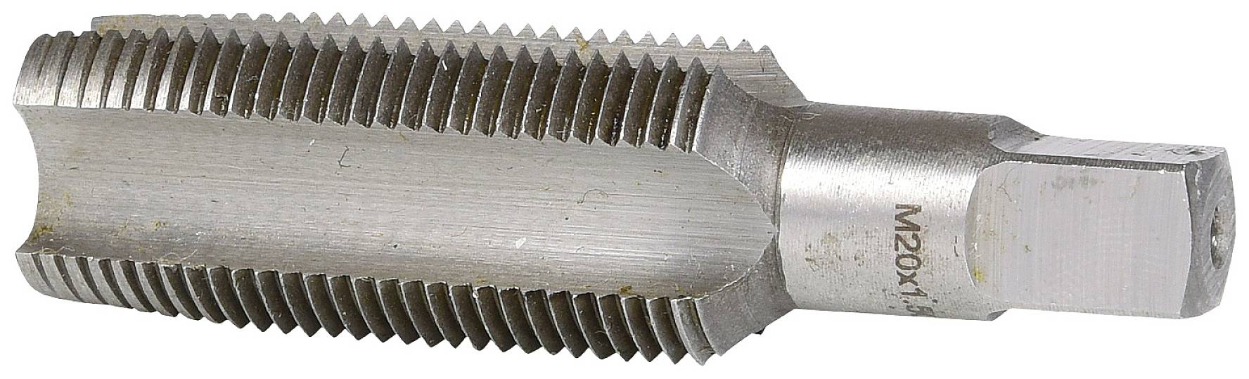 Schneidwerkzeug zur Herstellung von Innengewinden. Metallischer Gewindebohrer mit Verzahnungen. Markierung 'M20x1,5' auf der Seite.