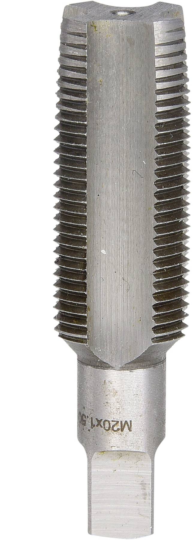 Ein metallischer Gewindebohrer mit gerader Nut und angespitztem Ende, geeignet für die Erstellung von Innengewinden in Metall.