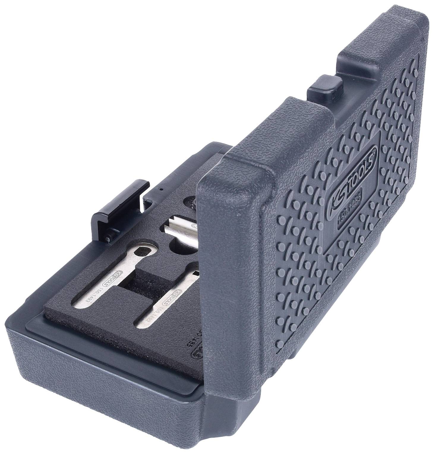 Ein offenes schwarzes Etui mit Schaumstoffinnenraum, das zwei Präzisionswerkzeuge sicher hält.
