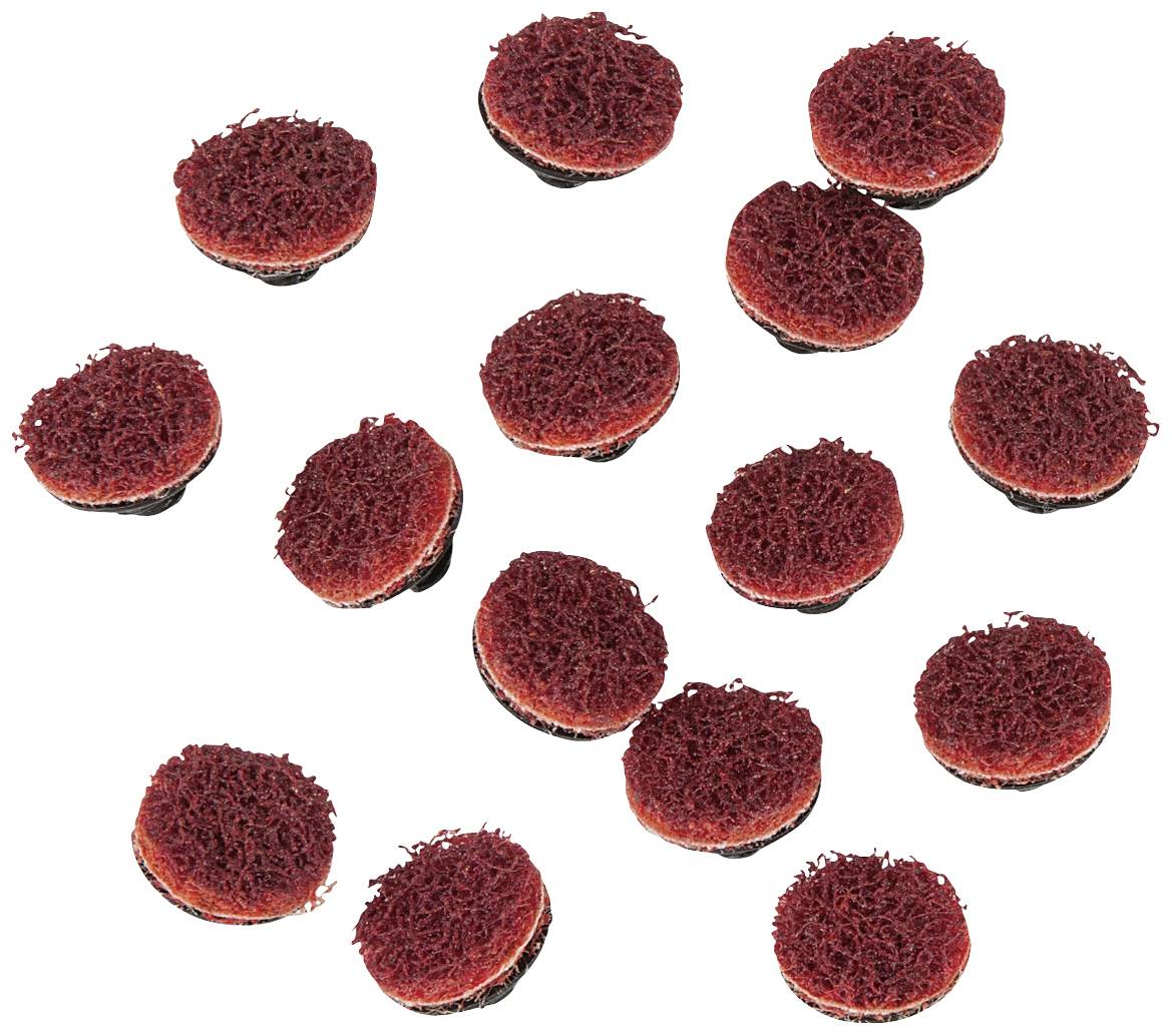 Rote Schleifpads sind auf weißem Hintergrund angeordnet. Sie sind kreisförmig und haben eine rauhe, faserige Oberfläche.
