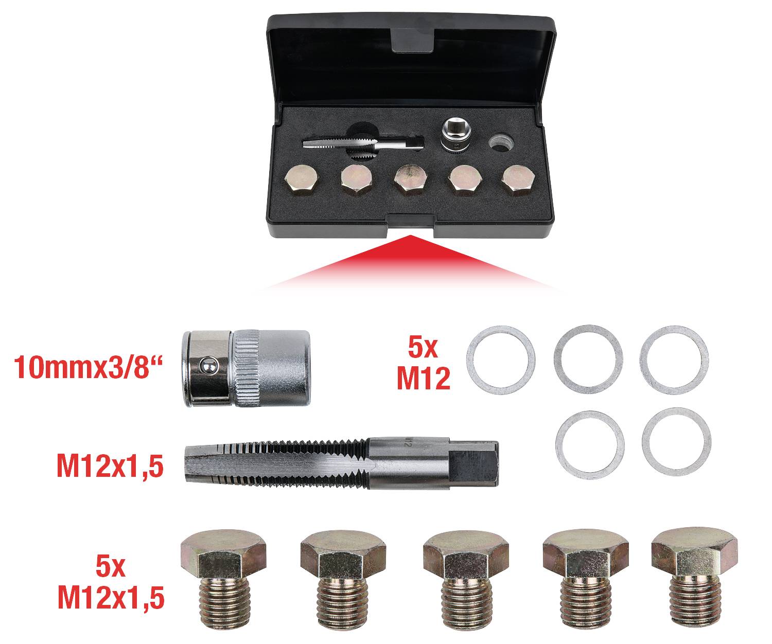 'Satz von Schraubenausdrehern und Zubehör in einer schwarzen Box. Enthalten: 10mmx3/8